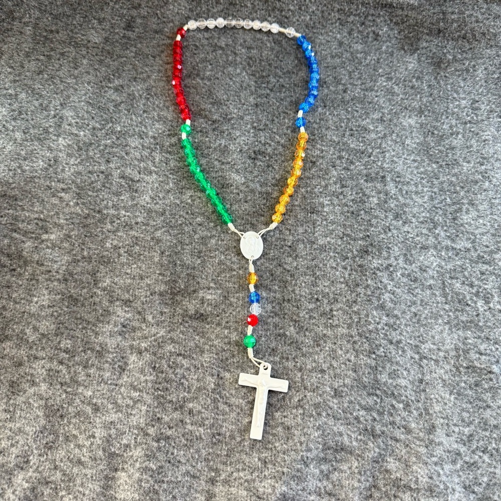 Colorful Beaded Rosary with Silver Cross Plastic Beads
